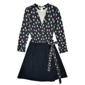 DVF Diane Von Furstenberg Vintage Black Printed Long Sleeve Silk Wrap Mini Dress